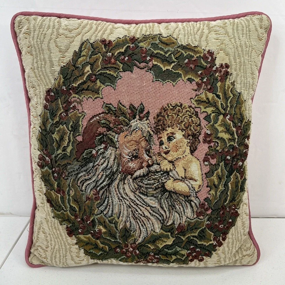 Vintage 14in Throw Pillow Woven Tapestry Christmas Wreath Santa Cherub Pink